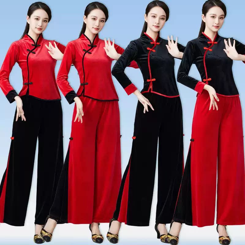 广场舞服装秋冬新款金丝绒套装女长袖民族团队服跳古典舞表演出服