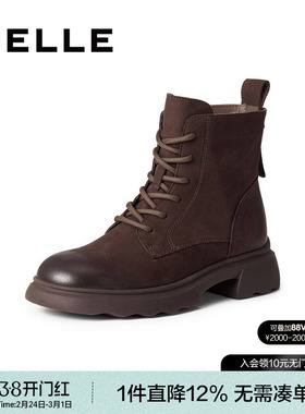 百丽加绒靴子羊皮英伦风马丁靴女冬季显瘦瘦粗跟休闲短靴E5S2DDD5