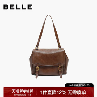 百丽女包2025新款 复古邮差包油蜡质感单肩包大容量斜挎包F3106AX6