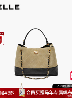 百丽包包女2025新款小香风手提包撞色反绒麂皮斜挎托特包F3055DX5