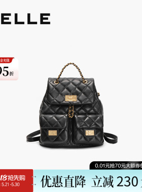 百丽女包质感真皮小香风上班通勤背包羊皮黑色链条双肩包X9330BX4
