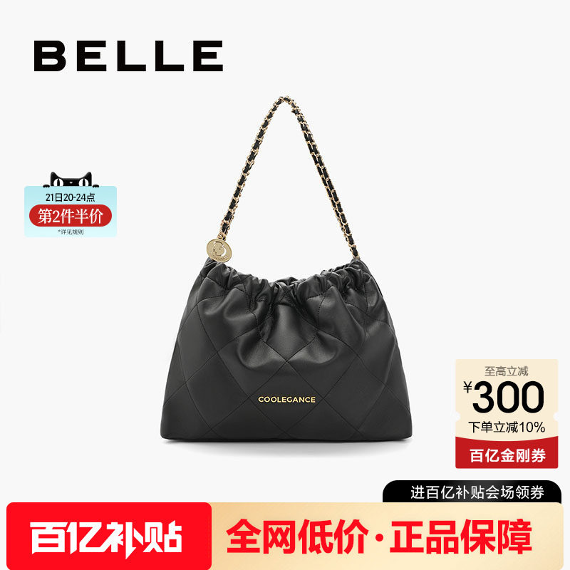 百丽包包女大容量托特包流浪包女友礼物黑色链条包单肩包X6603A