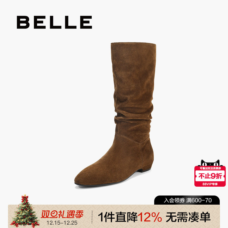 百丽复古绒面西部靴高筒堆堆长靴