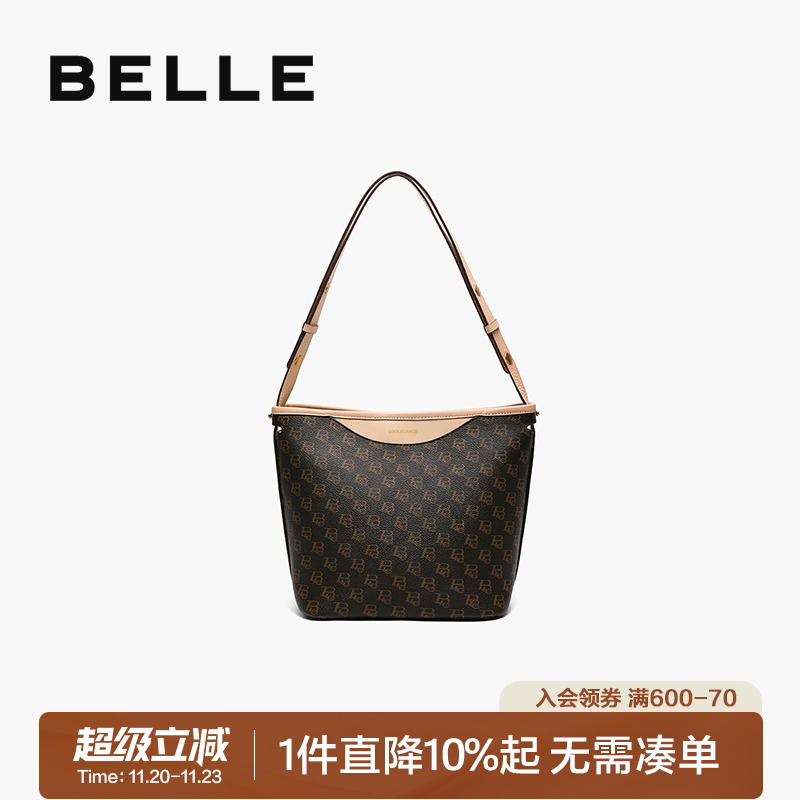 百丽牛皮复古通勤高级质感水桶包