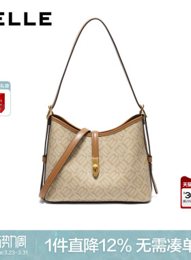 百丽包包女式新款老花通勤单肩斜挎包水桶包大容量托特包X7023CX4