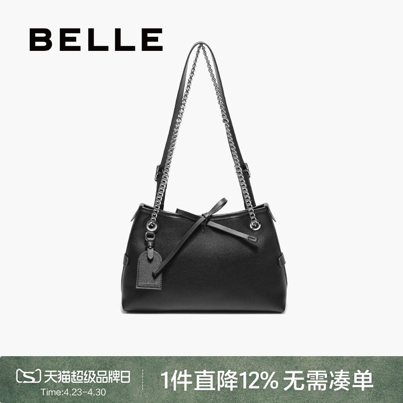 百丽包包女新款时尚蝴蝶结黑色通勤单肩斜挎链条包托特包BL850CX5