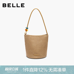 X7304BX5 百丽包包女编织海边度假单肩手提草编水桶包明星同款