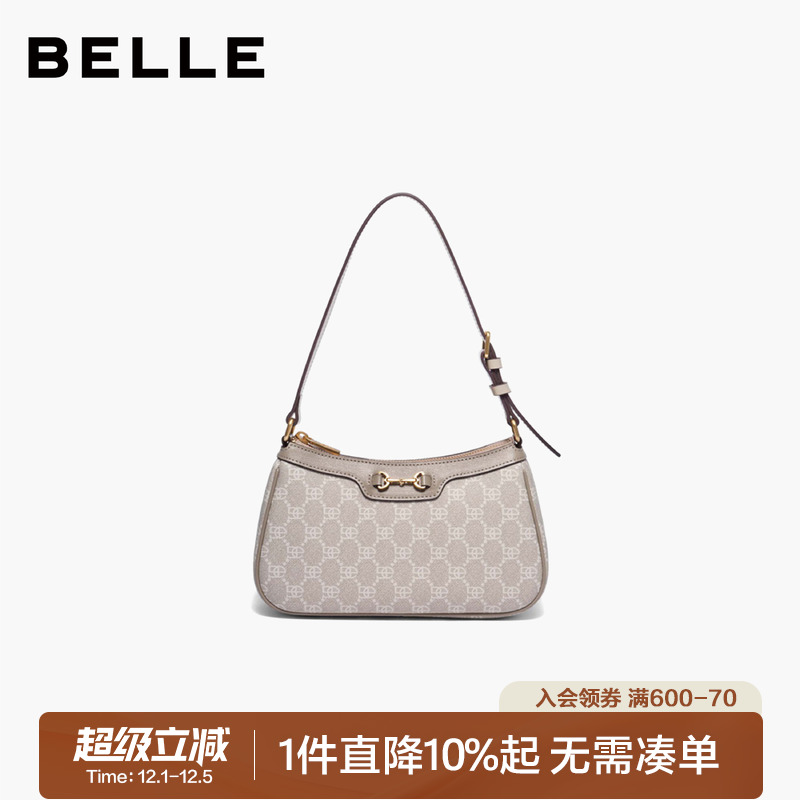 百丽女包复古气质手提老花腋下包