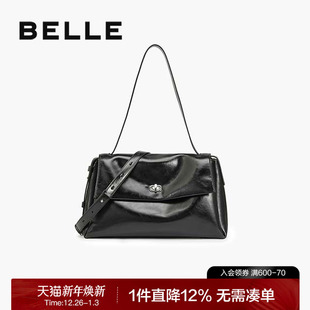 百丽包女2025新款 油蜡皮大容量黑色手提邮差包单肩斜挎包F3039CX5