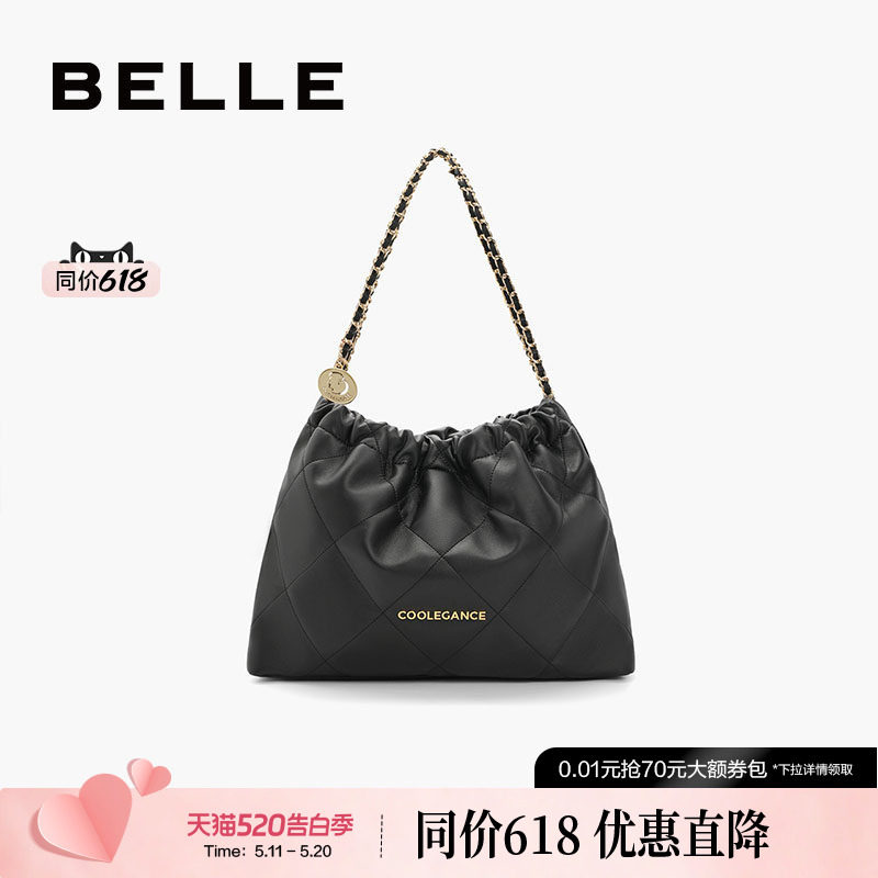 百丽包包女大容量托特包流浪包女友礼物黑色链条包单肩包X6603A