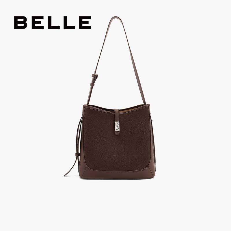 百丽包包女复古绒面单肩水桶包