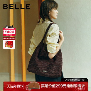 百丽女包2025新款休闲绒面编织单肩包hobo包大容量托特包JY186DX5