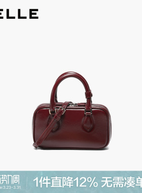 百丽女包2026新款红色真皮波士顿包百搭斜挎小号手提包X7467AX6