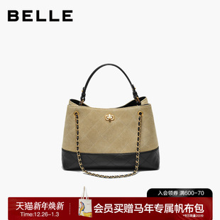小香风撞色反绒麂皮托特包F3055DX5 百丽女包2025新款 新年礼物