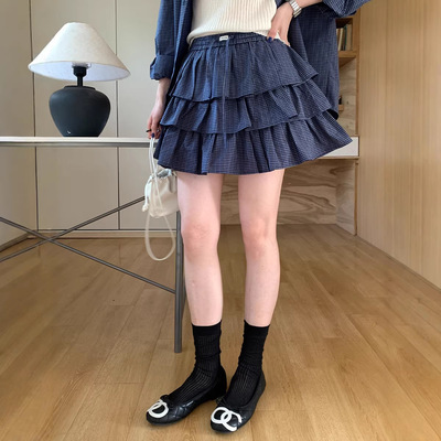 miu系少女感格子蛋糕裙女装春季新款韩系风高腰显瘦a字半身裙子