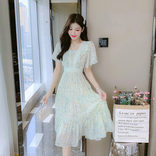 碎花雪纺连衣裙子女夏装蕾丝拼接绿色小清新收腰显瘦气质仙女裙