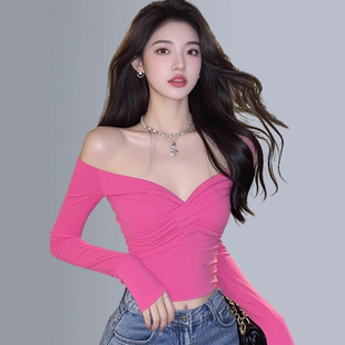 上衣 绝美显白短款 TZ5937交叉褶皱V领长袖 T恤女盐系多巴胺穿搭修身