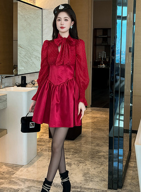 2025秋冬装新款女装法式减龄蝴蝶结收腰喇叭袖蓬蓬连衣裙40631