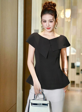 2025夏季新款女装通勤气质一字翻领修身收腰衬衫上衣黑色T恤45235