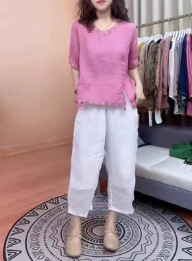 24501大爱美依缘2025夏季新款宽松复古刺绣上衣白色休闲阔腿裤女