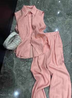 春日多巴胺一整套高级感又a又飒小香风粉色无袖马甲棉麻套装裤女