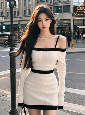 DLGT5328韩系性感撞色高级感针织连衣裙女新款时尚气质设计感短裙