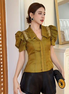 2025早秋新款女装法式翻领泡泡袖设计感修身上衣显瘦衬衫11659
