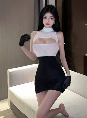 18Y9366欧美2026跨境外贸性感辣妹超薄款镂空拼色紧身超短连衣裙