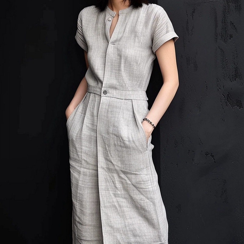 灰色亚麻连衣裙气质名媛高端女神范高级感女夏季2025新款棉麻裙子