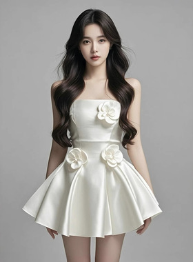 TZ4635白色缎面抹胸连衣裙女秋冬立体花朵重工收腰小礼服收腰短裙