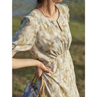 轻熟风连衣裙夏设计感开叉桔梗裙高腰显瘦碎花裙冷淡风中长款潮流