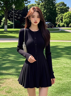 DLGT6228法式气质圆领黑色连衣裙女赫本风轻奢时尚收腰显瘦百褶裙