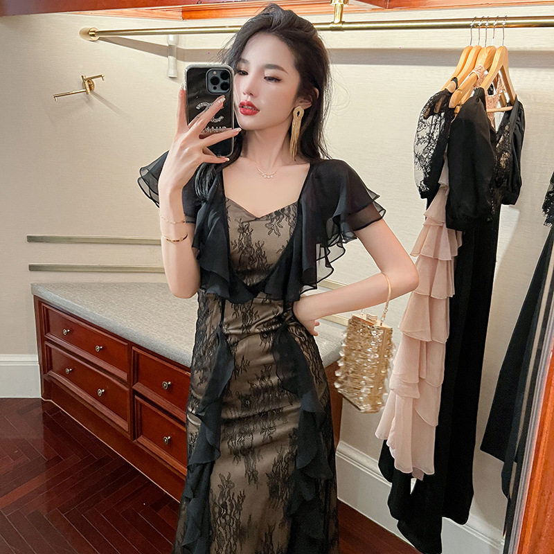 荷叶边超显身材连衣裙性感小众气质短袖显瘦中长款重工气质蕾丝裙