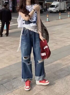 25281大爱美依缘2025夏季新款无袖宽松印花T恤洋气破洞牛仔裤女潮