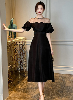 赫本风气质长裙2025夏季新款女装名媛收腰大摆黑色连衣裙21348