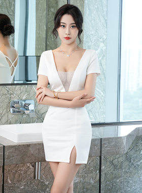 2025年新款性感短袖低胸包臀紧身女裙夜场酒吧夜店开叉连衣裙诱惑