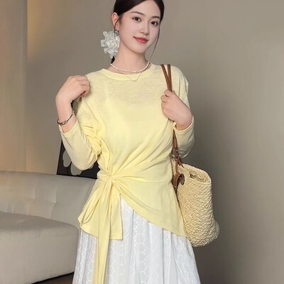 大码女装胖mm宽松慵懒风夏季薄款防晒罩衫上衣设计感绑带显瘦T恤