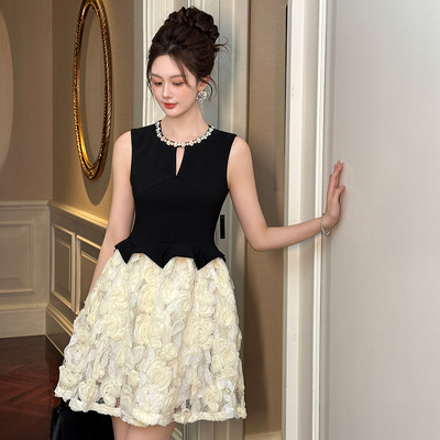 赫本千金芭蕾风感假两件连衣裙荷叶边掐腰蓬蓬小黑裙礼裙 11543