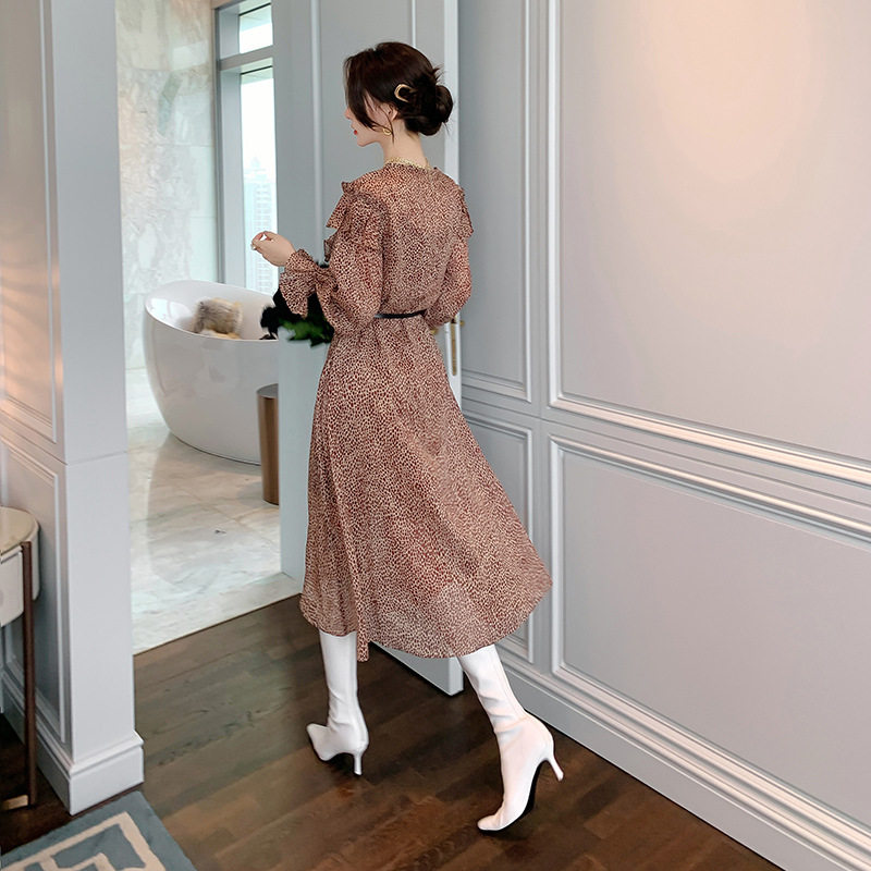 2025秋季新款女洋气荷叶边长袖豹纹连衣裙雪纺设计感不规则裙5197