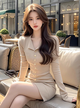 DLGT6017法式名媛风卡其色长袖连衣裙女气质御姐范收腰显瘦包臀裙