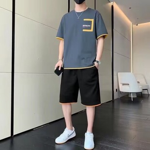 男式休闲运动套装夏季宽松便宜两件套假两件短袖t恤短裤一套衣服
