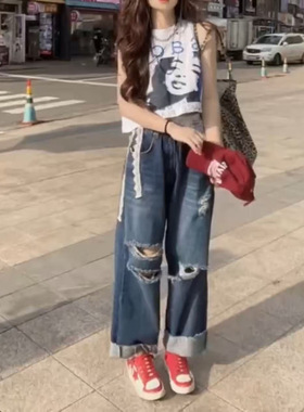 25281大爱美依缘2025夏季新款无袖宽松印花T恤洋气破洞牛仔裤女潮