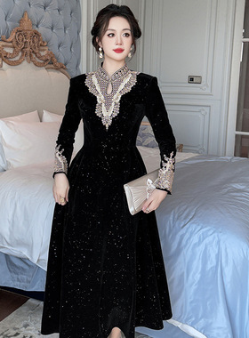 2025秋装新款黑色丝绒连衣裙女气质晚礼服法式气质修身长裙91512