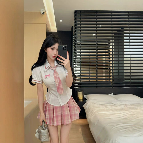 小个子甜美学院风小众设计感jk衬衫上衣高腰格子粉半身裙套装夏季