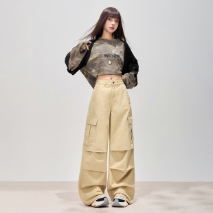 时尚 潮酷纯棉工装 女廓形宽松贴袋松弛感个性 休闲阔腿牛仔裤 裤
