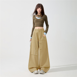 女宽松拉链贴袋个性 早春款 阔腿牛仔裤 裤 松弛感 潮酷纯棉休闲工装