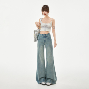 复古拼接喇叭牛仔女 微阔宽松弹力修身 早春新款 高腰双扣收腹微喇裤