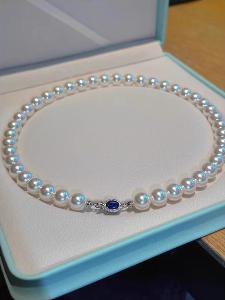 倪妮同款925银温莎蓝宝石澳白珍珠项链女强光正圆珍珠锁骨链礼物