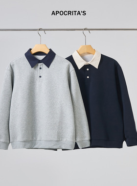 APO男装|跨境套头卫衣男秋冬款重磅潮牌宽松撞色翻领长袖内搭上衣