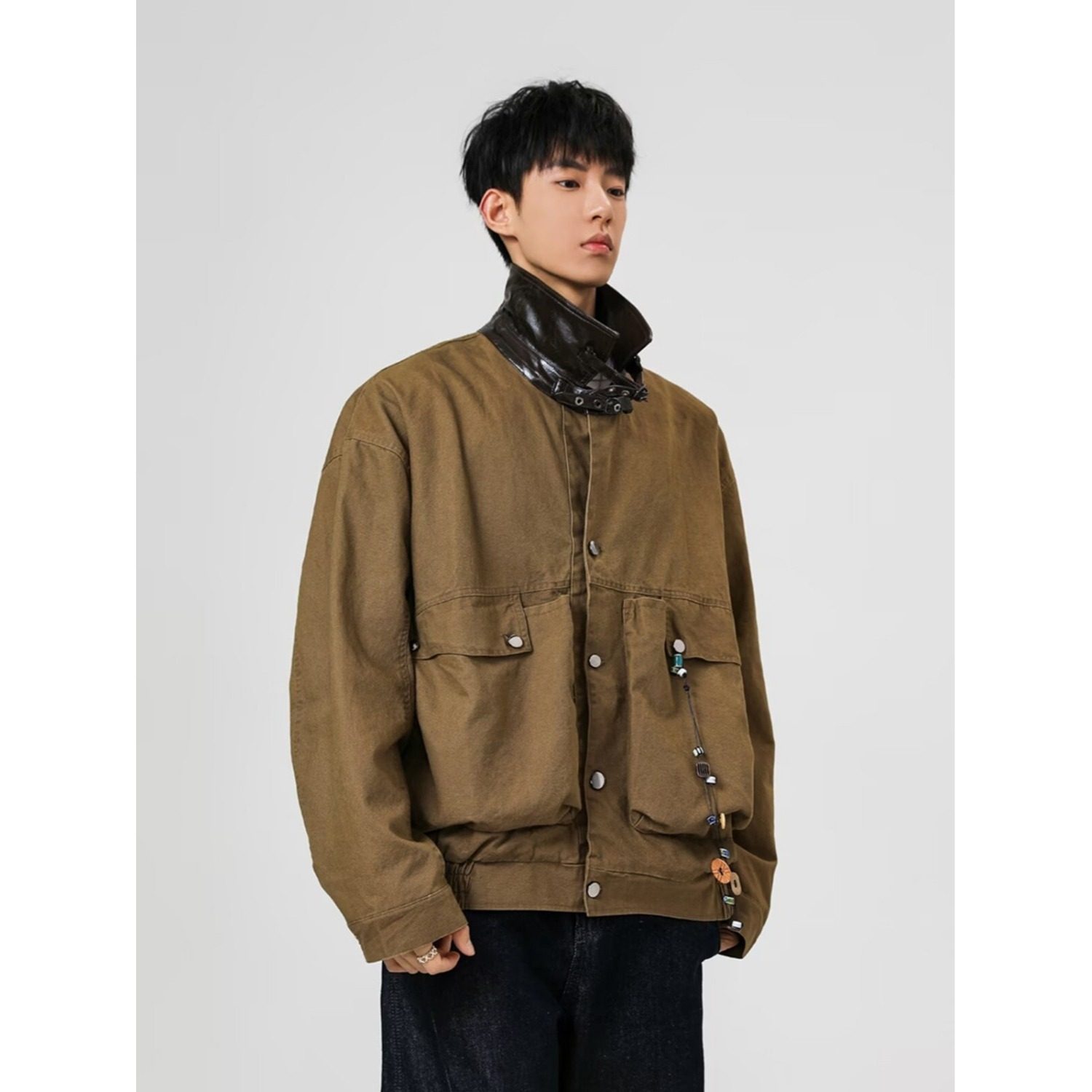 巴恩风外套男女秋季新款美式工装外套宽松复古皮领水洗短款外套